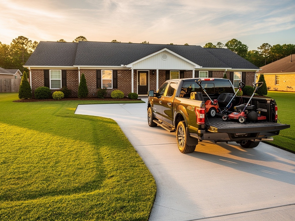 Well-maintained Greenville NC residential property with Carolina Complete Solutions work truck at golden hour