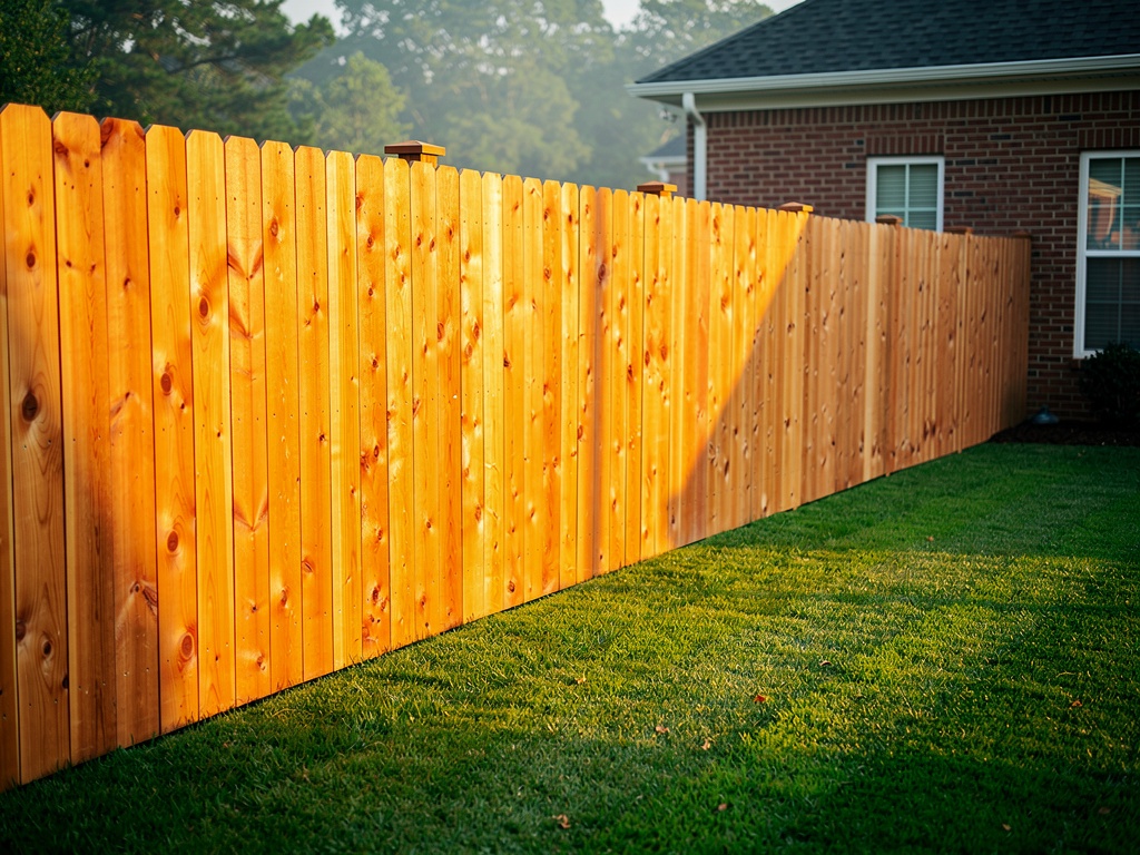 Freshly built cedar privacy fence along residential backyard in North Carolina